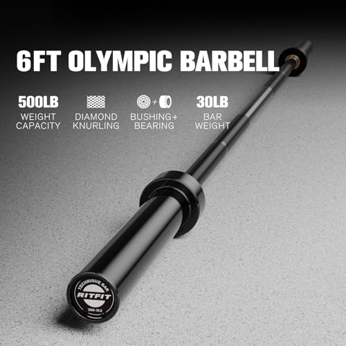 RITFIT Olympic Barbell 4ft/6ft - 2 Inch Weight Bar for Strength Training, Weightlifting, Squat, Deadlift, Bench Press, Curl, Overhead Press - 350lbs/500lbs Capacity - color: Black, size: 6FT without Collar