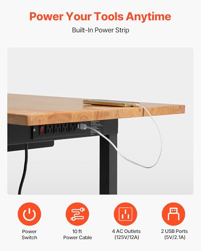 VEVOR Adjustable Workbench on Wheels, 2000 lbs Capacity, 60 x 24 Inch Oak Wood Top Workbench with Drawer & Power Outlets, Heavy-Duty Hardwood Worktable for Garage, Workshop, Home, Office, Commercial - size: Drawer Storage│Universal Wheels│60"x24"