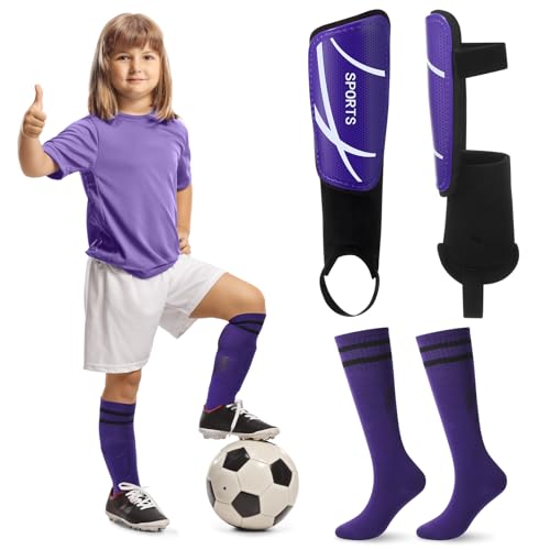 Soccer Shin Guards and Socks Kids Youth Lightweight Soccers Pads Defender with Ankle Protection Ski Shin Guards Football Equipment for Age 4-14 Toddler Boy Girl - color: Purple, size: Small
