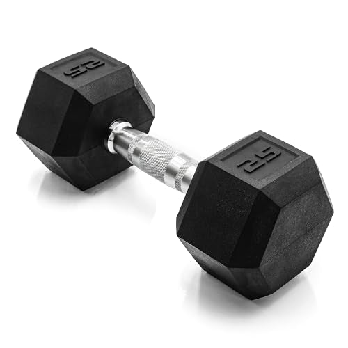 CAP Rubber Coated Dumbbell Weights, Free Weights for Home Gym Strength Training, Anti-Roll Hex Dumbbells with Black, Chrome & Comfort Grip Handles, Singles - size: 25 lb, style: Chrome Handle