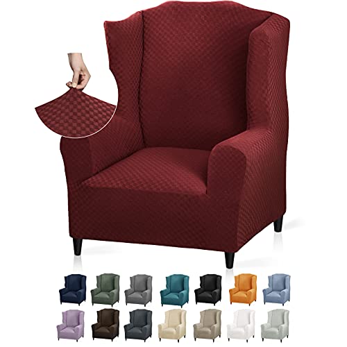 YEMYHOM 1 Piece Stretch Wingback Chair Slipcover Latest Jacquard Design Wing Chair Cover Non Slip Furniture Protector with Foam Rods for Living Room (Wing Chair, Christmas Wine Red) - color: Christmas Wine Red, size: 1 Pack - Wing Chair