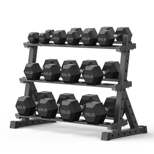 PAPABABE Dumbbell Set with Rack, 540-850lb, Rubber Encased, Home Gym | Complete & Durable Cast Iron Core Odorless PVC Antiroll Hex Shape Ergonomic Chrome Handle Versatile Home Gym - size: 560LB with 3-Tier Weight Rack