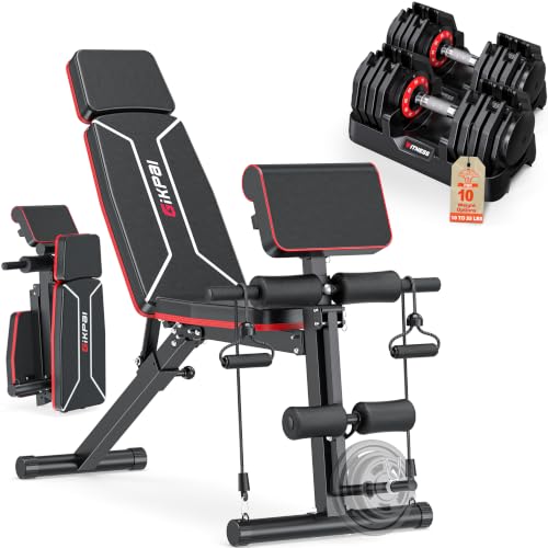 GIKPAL Adjustable Weight Bench - Workout Bench Press for Home Gym, Foldable Incline Decline Sit up Exercise Bench for Full Body Strength Training w/Leg Extension and Preacher Pad - color: Weight Bench & Pro 10-Gear 55lbs Pair