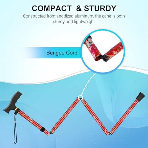 supregear Folding Cane, Lightweight 5-Level Adjustable Walking Stick with Wrist Strap and T-Handle, Portable Mobility Aid for Elderly and Disabled Men and Women - color: Floral Red