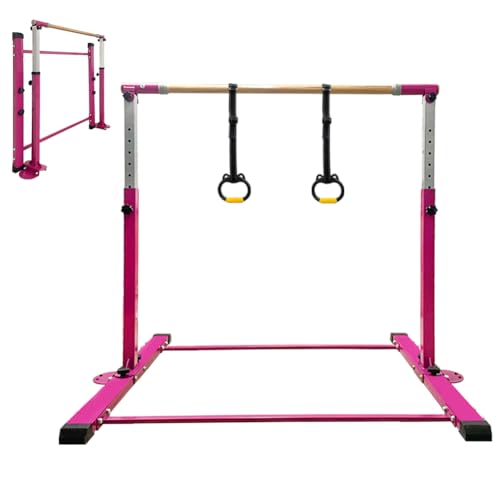 Gymnastics Bar for Kids Girls Ages 3-15 with Ring for Home Indoor Training Equipment- Steady Steel Construction, Anti-Slip, Easy to Assemble, 3' to 5' Adjustable Height - color: DARK PINK, size: 4.8FT, style: WITH RING
