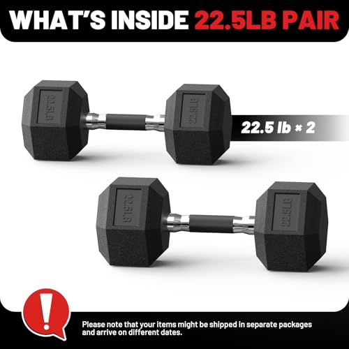 PAPABABE Hex Dumbbell Set 2.5-100lb, Rubber Grip Dumbbells, Home Gym | Complete & Durable Cast Iron Core Odorless Antiroll Hex Shape Ergonomic Versatile Home Gym Comfort Non-Slip Grip - size: 22.5 lb, Pair, style: Rubber Grip