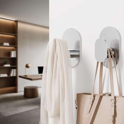 Aikzik Adhesive Towel Hooks - 26LB Heavy Duty Wall Sticky Waterproof Hooks for Hanging Coat, Towel, Robe, Wall Mount Stainless Steel Hooks for Bathroom or Kitchen (Silver, 2 Pack) - color: Silver-2