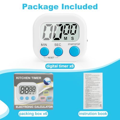 6 Pack Digital Kitchen Timer Multi-Function Magnetic Timers Classroom Timer for Kids Loud Alarm Big LCD Display Electronic Count Up Countdown Timers for Cooking, Classroom, Exercise, Study, Meeting - color: White-2pcs & Blue-2pcs & Pink & Green