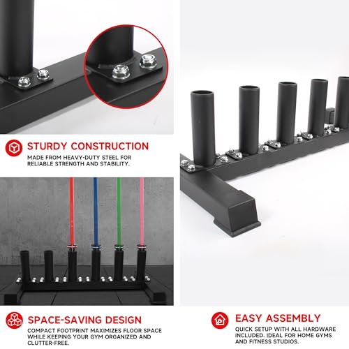 6-Bar Holder 2" Olympic Rack, Floor Stand for Home Gym | Holds Olympic, curl, trap, axle bars. Protective sleeves. 24 lbs. No wall mount. Easy assembly, fits small spaces.