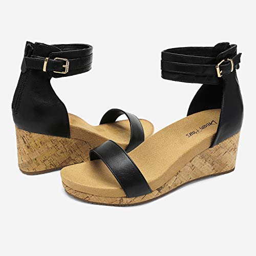 DREAM PAIRS Women's Open Toe Buckle Ankle Strap Platform Wedge Sandals Summer Shoes. - color: Black/Pu, size: 10