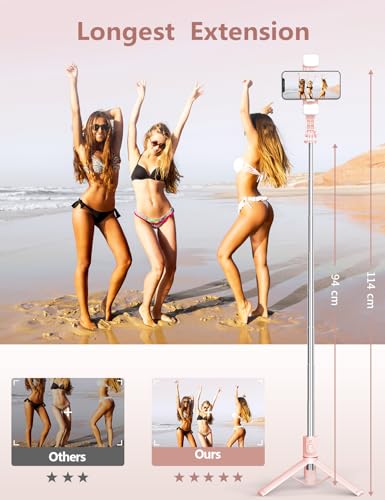 Selfie Stick with Light, 45'' Selfie Stick Tripod with Wireless Remote | Portable Travel Phone Tripod, Compatible with iPhone17/16/ 15 Pro Max/15/14, Samsung S22/ S23 Ultra/Android Smartphone (Pink) - color: Pink - 45" Standard Height