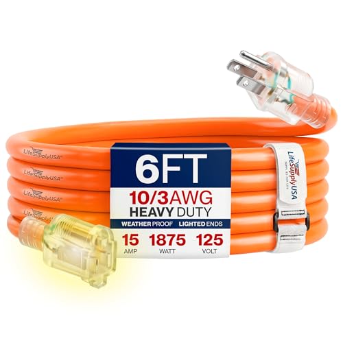 6ft Outdoor/Indoor Extension Cord 10/3 Gauge Ultra Heavy Duty 3 Prong SJTW, Waterproof, Flexible Cold-Resistant Long Power Cord,15A 125V 1875W, Orange by LifeSupplyUSA - color: Orange, size: 6 FT, style: 10AWG