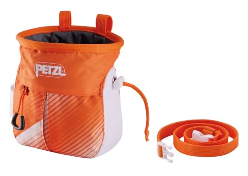 Petzl SAKAPOCHE Rock Climbing Chalk Bag | Ergonomic Chalk Pouch with Zippered Pocket for Gym, Sport, & Trad Climbing - color: Orange/White + 300 g Powder Crunch Chalk
