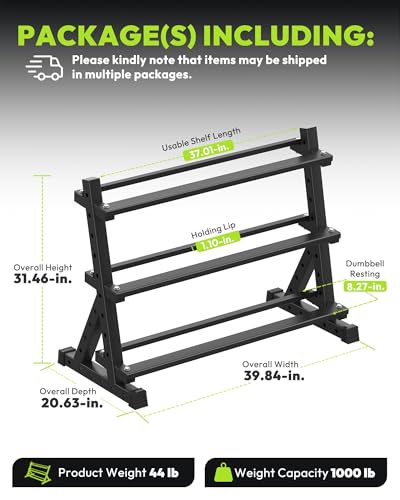 HANDBODE Dumbbell Set with 3-Tier Rack, 390-790 lb | Heavy Duty Weight Stand for Dumbbells, Space-Saving Metal Storage Organizer, Sturdy Dumbbell Holder for Home Gym - style: 630 lb Set (15-75 lb) *2 & Rack