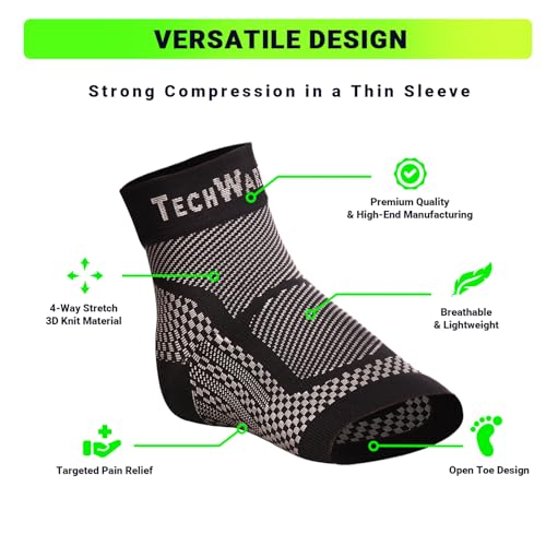 TechWare Pro Ankle Brace Compression Sleeve - Plantar Fasciitis Sock. Relieves Achilles Tendonitis. Foot Arch Support Reduces Joint Pain, Swelling & Heel Spur Pain. Injury Recovery Braces for Sports - color: Black/Gray, size: XXL (see size chart)