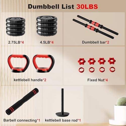 Adjustable Dumbbell Set, 10/20/30/45/70/90lbs Free Weights Dumbbells Set, 5 in1 Dumbbells Set Used as Barbell, Kettlebells, Push up Stand,Weight Plate, Adjustable Weight Set for Home Gym - color: 30LBS(15LB PAIR)