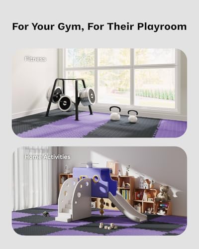 AIRHOP Upgraded 0.79" Extra Thick 48 Sq Ft High-Density Eva Foam Exercise Gym Mats, 12 Pcs Large Interlocking Puzzle Floor Tiles (24"x24") for Home Gym - color: Black/Purple