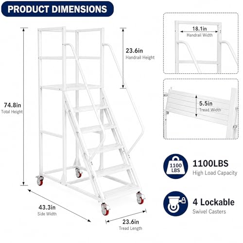 6 Step Rolling Ladder with Handrails, 1100 lbs Capacity Heavy Duty Mobile Warehouse Ladder with Wheels, Industrial Steel Non-Slip Rolling Stairs with Large Platform, for Garage Stockroom Library - color: White, size: 6 Step