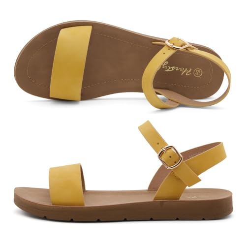 Herstyle Flat Sandals for Women – Open Toe 1 Band Ankle Strap Summer Dressy Sandals, Lightweight Casual Strappy Slip-On Flats with Adjustable Buckle - color: Mustard, size: 5