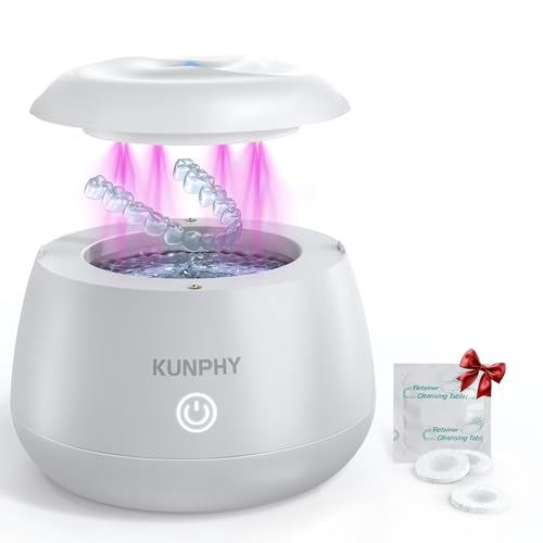 KUNPHY Ultrasonic Retainer Cleaner Machine, 48kHz Dental Cleaning Pod Home | 4 LED Light 48KHz Ultrasound Portable Mouthguard Night Guard Cleaner, IPX7 Waterproof, Quiet 45dB, Overheat Protection, White - size: 200ML