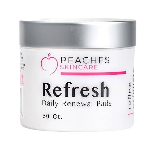 Peaches Skin Care Refresh Renewal Pads - Gentle Exfoliating Pads, 50 Count | Daily exfoliating pads for face and neck with willow bark, hyaluronic acid, niacinamide and AHA fruit blend