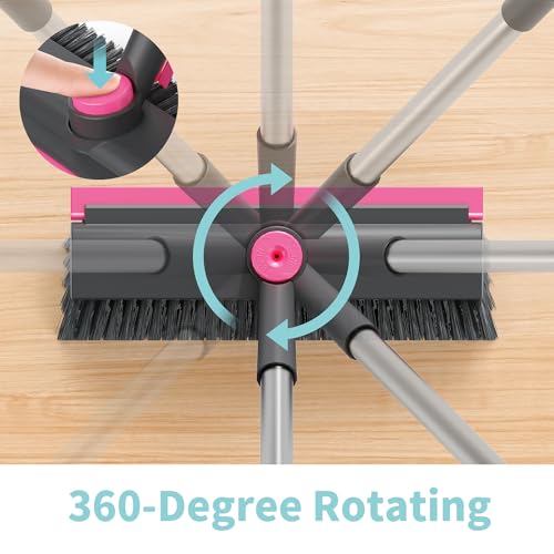 AIR U+ Floor Scrub Brush with Long Handle, 3-in-1 Rotating Head & Squeegee | Stiff Dual-Sided Bristles for Shower, Bathroom, Kitchen and Patio, 30–50 In Handle for Easier Stand-Up Cleaning, Gray & Pink - color: Gray and Pink, size: 1 PACK