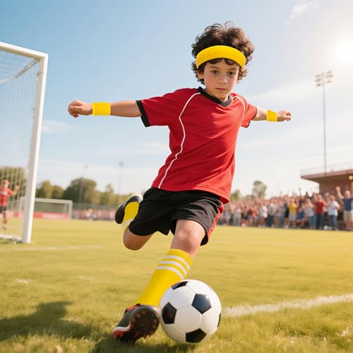 ONUPGO 5 Pieces Kids Sweatbands Soccer Socks Set - Sports Headband, Wristbands, Striped High Socks for Kids, Youth,Toddler & Baby - Football, Basketball, Running, Cycling, Tennis - color: Yellow
