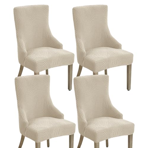 Wingback Dining Chair Covers Stretch Wing Back Side Chair Slipcover Accent Chair Cover Slipcover with Arm Chair Protector Cover for Dining Living Room (Beige, 4PCS) - color: A- Beige, size: 4 PCS