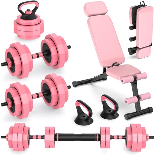 Rendpas 4-in-1 Adjustable Dumbbell Set with Foldable Weight Bench, Convert to Barbell Kettlebell Push-Up Stand, 800LBS Bench 10 Angles Incline Decline Flat, Home Gym Weight Set - color: Pink, size: 45LB Dummbell Set & Adjustable Bench