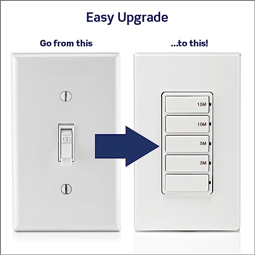 Leviton Countdown Timer Switch for bathroom fan and household lights, 2-5-10-15 min, No Neutral Required, Single Pole, 15A, 1/2 HP/9.8A Fan/Motor, DT115-1LW, White - style: 2-5-10-15 min, No Neutral Required
