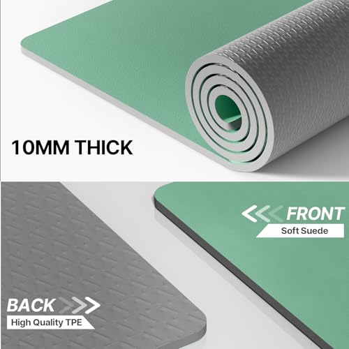 ILILI Yoga Mat 10mm Thick, Suede&TPE Exercise Mat, 76"L*28"W Extra Long, 0.4 Inches Soft and Comfortable, 193*70cm Fitness Mat with Strap, Portable for Yoga, Pilates, Floor Exercise, Home and Outdoor Use, Eco Friendly - color: Green