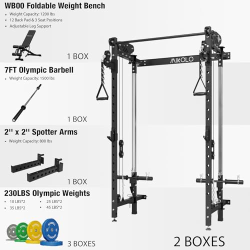 Mikolo Folding Squat Rack, Wall Mounted Power Rack with Cable Crossover Machine & LAT Pull Down, Functional Trainer with 5 Adjustable Function Modes, Home Gym Package - color: Black, size: CHEETAH Essential Pack