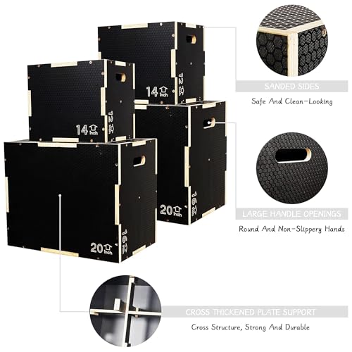 Fitvids 16" x 14" x 12" Non-Slip Wooden Plyo Box Jump Exercise Platform, Plyometric Workout Equipment for Home Gym, Training Step Box, Black - size: 24" x 20" x 16"
