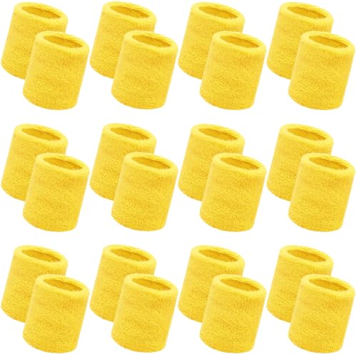 Bememo 24 Pcs Wrist Sweatbands Bulk Sports Wrist Bands for Men Women Breathable Athletic Tennis Wristbands Stretchy Absorbent Cotton Terry for Basketball, Baseball, Gym, Working Out - color: Yellow