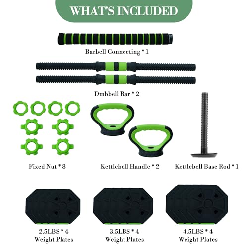 Adjustable Dumbbell Set, 44/66/88 Lbs Free Weight Dumbbells Set, 4 in 1 Dumbbells Set Used As a Kettlebell, Barbell, Push Up Stand, Exercise & Fitness for Home Gym, Black & Green - size: 44 LB-Octagon