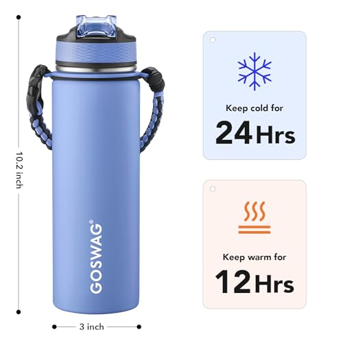 GOSWAG 24oz Insulated Stainless Steel Travel Water Bottle, 2 Lids | with straw and no straw, Paracord handle, Double-wall vacuum keeps drinks cold or hot, Leakproof tumbler - color: Matte Icy Blue