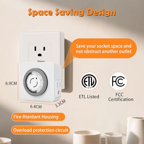Timers for Electrical Outlets Indoor, 24-Hour Plug-in Mechanical Outlet Timer, 30 Minute Intervals, 3 Prong Light Timers, Daily On/Off Cycle for Christmas Tree, ETL Listed, 2Pack