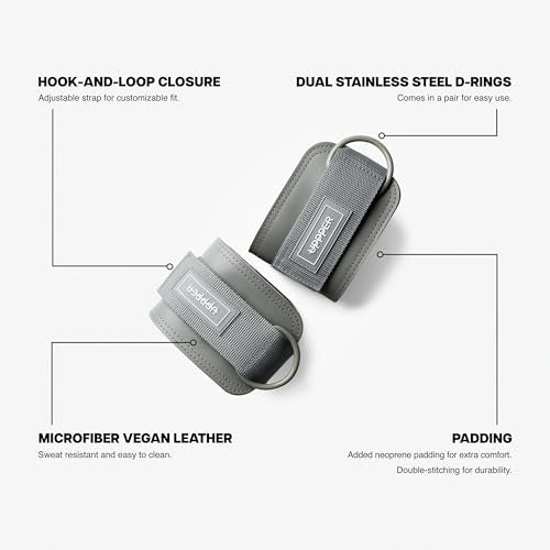 UPPPER Ankle Straps for Cable Machines (Pair) – Adjustable Padded Gym Cable Cuff Attachment, Double D-Ring, Premium Quality – Ideal for Kickbacks, Glute Workouts & Leg Exercises for Women & Men - color: Grey