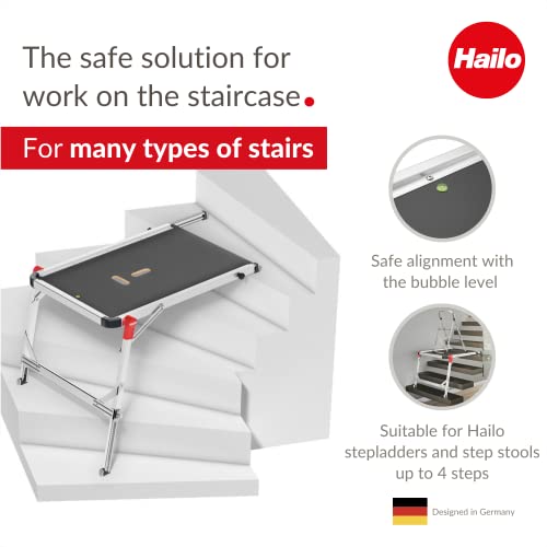 Hailo TP1 Staircase Platform - Length and Height-Adjustable Telescopic Rails and feet - Integrated Bubble Level - Two-Hand Safety Unlocking Mechanism - for use with Step stools & stepladders - style: TP1 (staircase)