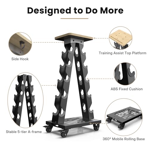 Vertical Dumbbell Rack, 5-Tier Weight Rack, Wheels, 300LBS Capacity | A-Frame Design, Solid Steel Construction, Training Platform, Bottom Tray, Home Gym Organizer, Rack Only