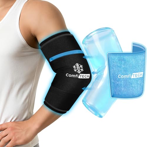 ComfiTECH Dual-Gel Elbow Ice Pack Wrap for 30-Minute Cooling & Injuries, Reusable Gel Forearm Brace for Tendonitis, Cold Compression Sleeve for Pitchers, Tennis Elbow & Golfer Arm Relief, L, 2 Packs - size: Large