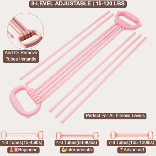 Resistance Bands with Handles for Women & Men | 8 Tube Adjustable Figure 8 Exercise Bands Set, Heavy Duty, Home Gym, Physical Therapy, Strength Training & Full Body Fitness - color: Pink