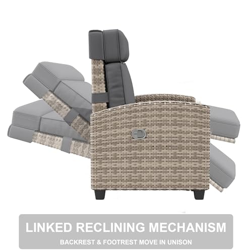 GarveeLife Outdoor Recliner Chair, PE Wicker Lounge Chair with Adjustable 145° Lay-Flat Backrest, Independent Footrest & Side Table, Plush Cushion for Patio, Poolside, Backyard in Brown - color: Brown Rattan + Khaki Cushion
