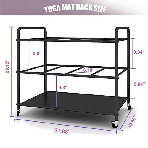 Yoga Mat Storage Rack Basket Workout Equipment Home Gym Storage Rack with Wheels Yoga Mat Holder Exercise & Fitness Organizer for Dumbbell Kettlebells Resistance Bands Yoga Blocks Foam Roller - color: Black