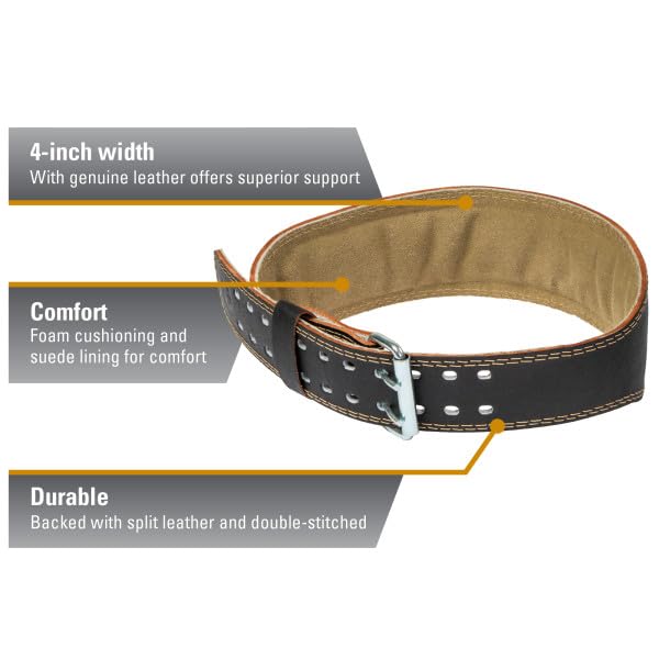 Harbinger Padded Leather Contoured Weightlifting Belt - 4" or 6” Width - Interior Suede Lining & Foam Cushioning - Heavy-Duty Dual Prong Steel Roller Buckle - for Lifting Support - size: X-Large, style: 4 Inch