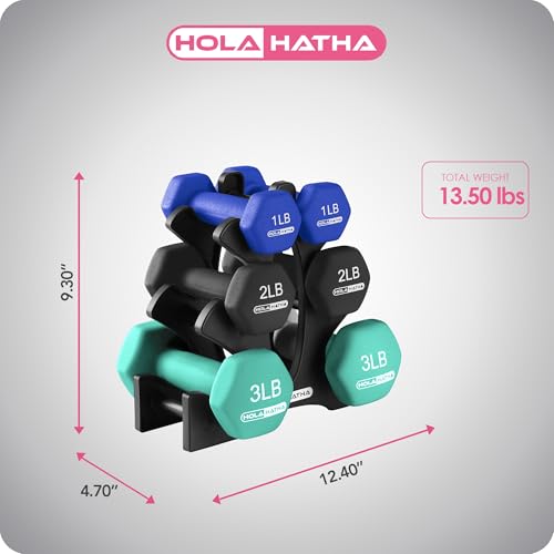 HolaHatha 1, 2 and 3 lb Neoprene Dumbbell Strength Training Weight Set with Rack - color: Blues, size: 12 LB