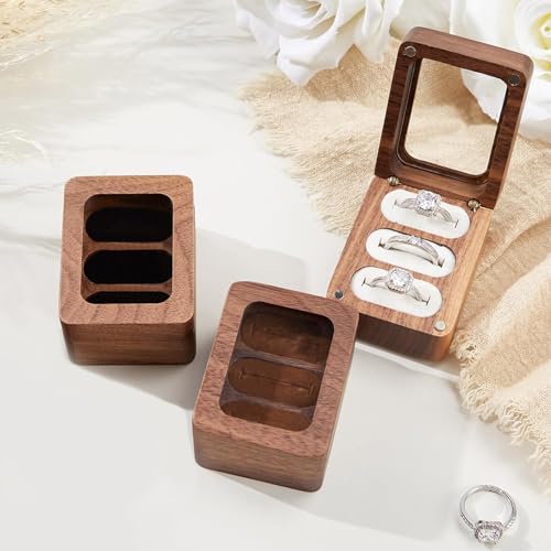Walnut Ring Box 3 Slot - Clear Acrylic Window Display, Magnetic Closure Keepsake Jewelry Holder for Wedding Proposal Engagement Ceremony Anniversary Birthday Gift - color: A-Brown