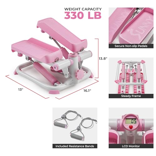 Sunny Health & Fitness Mini Stair Stepper w/Resistance Bands for Home Gym | Full Body Cardio, Adjustable Step Height, Hydraulic Resistance, LCD Meter, No Assembly, 300 lb Capacity, SunnyFit App - color: Pink