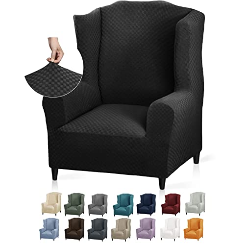 YEMYHOM 1 Piece Stretch Wingback Chair Slipcover Latest Jacquard Design Wing Chair Cover Non Slip Furniture Protector with Foam Rods for Living Room (Wing Chair, Black) - color: Black, size: 1 Pack - Wing Chair