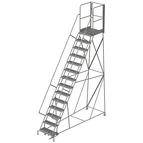 Tri-Arc RWSR114242-XR 14-Step Gateway Rear-Exit Steel Rolling Ladder with 30" Deep Top Platform, Grip Strut Tread with Handrails, 24" Wide Steps - size: 14-Step, style: Grip Strut Tread